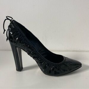 Jerome C. Rousseau Pump Black Patent Leather Almond Toe Ruched Tie Lace …